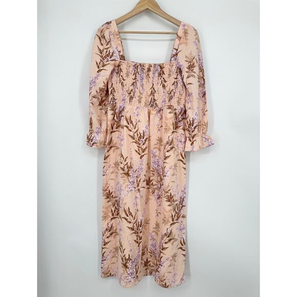 House of Harlow Smocked Midi Dress Linen Floral Ruffle Puff Sleeve Square Neck - Picture 6 of 9